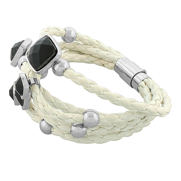 Fashion Alloy White Faux PU Leather Rose Gold-ToneBlack Stones Heart Multi-Row Layer Bracelet