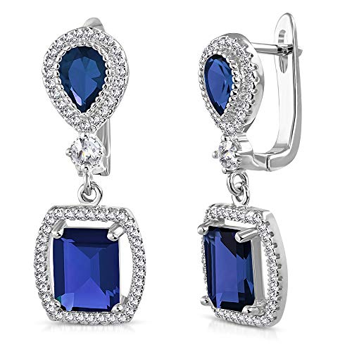 Sterling Silver Rectangular Teardrop Blue Sapphire CZ Drop Dangle Earrings, 1.2"