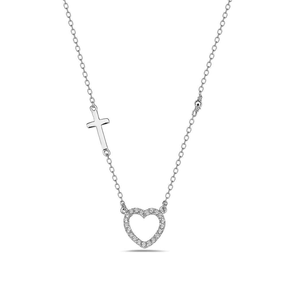 925 Sterling Silver Love Heart Cross Charm White Pendant Necklace