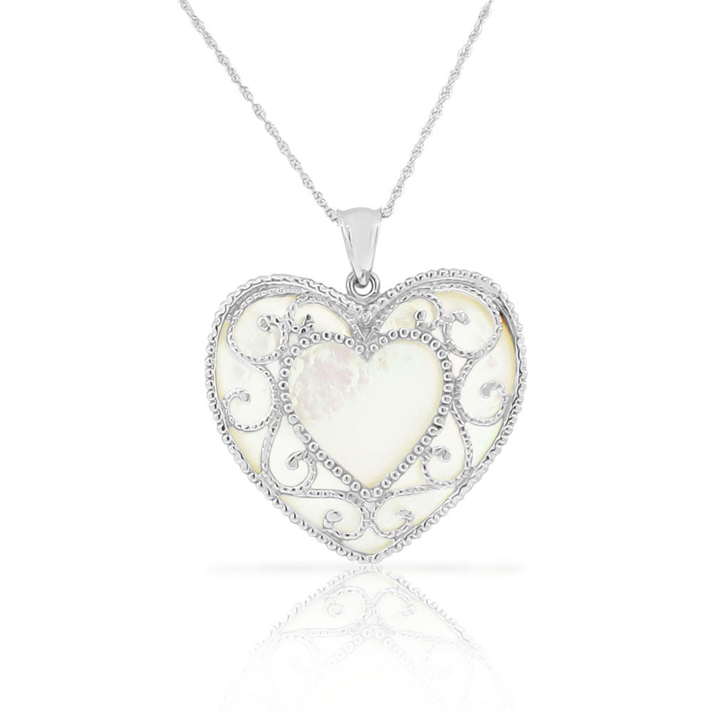 Mother of Pearl Filigree Heart Necklace Pendant Sterling Silver