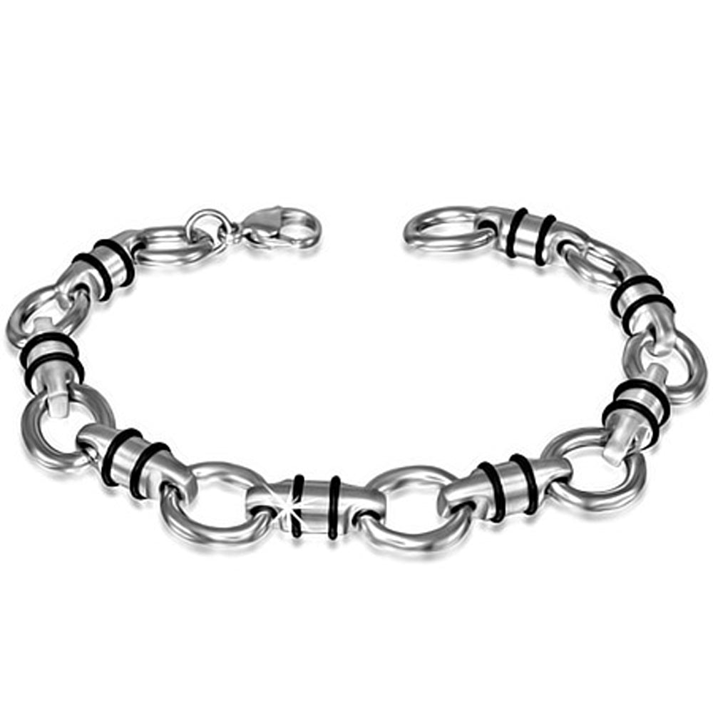 Stainless Steel Silver-Tone Black Men's Link Chain Bracelet, 8.25"