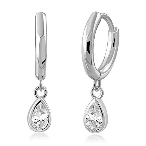 My Daily Styles Womens 925 Sterling Silver Huggie Drop Earrings with Bezel Set Pear-Shaped CZ
