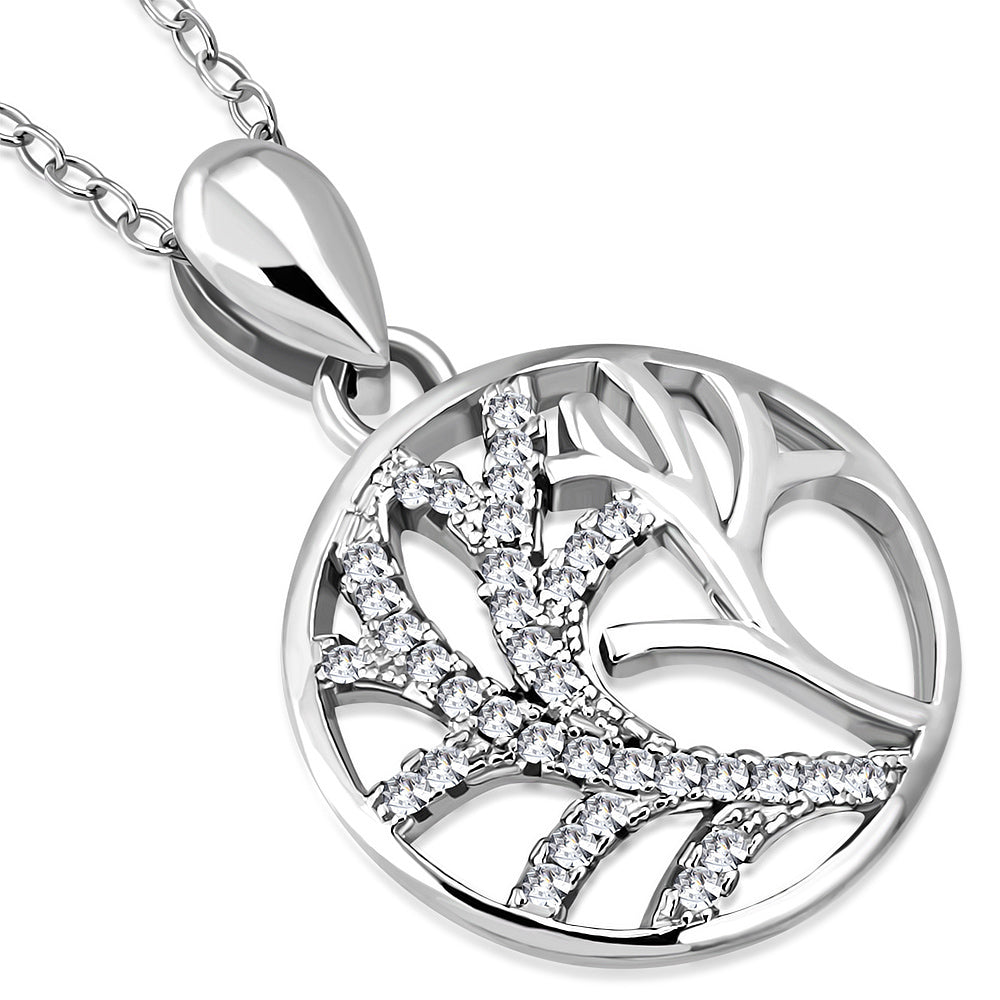 925 Sterling Silver Tree Leaf Design White CZ Pendant Necklace