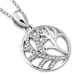 925 Sterling Silver Tree Leaf Design White CZ Pendant Necklace