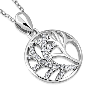 925 Sterling Silver Tree Leaf Design White CZ Pendant Necklace