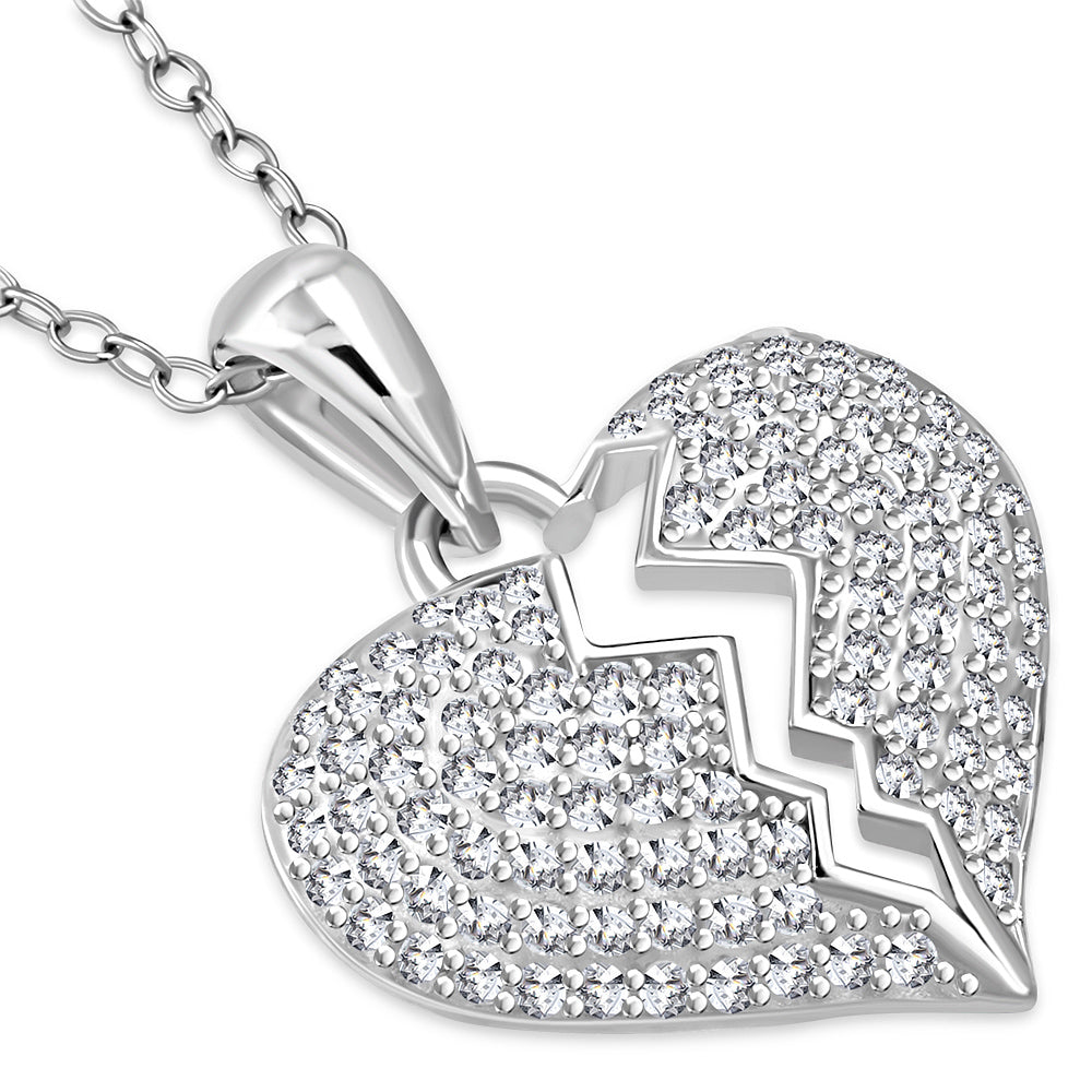 925 Sterling Silver Broken Heart CZ Pendant Necklace