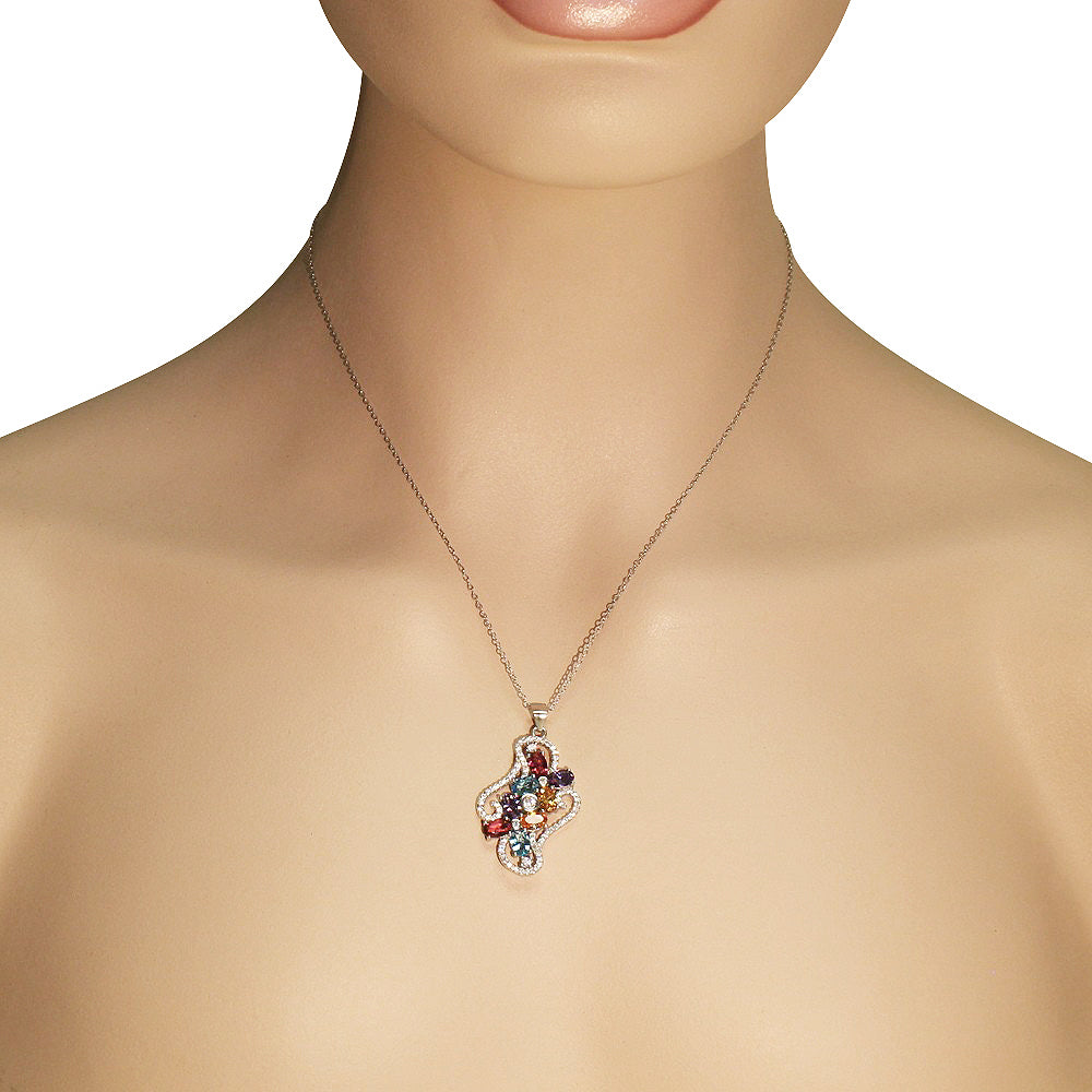 925 Sterling Silver White Clear Multicolor CZ Bright Holiday Pendant Necklace