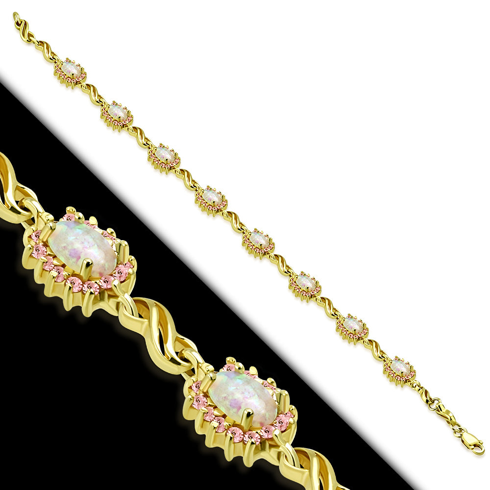 925 Sterling Silver Yellow Gold-Tone White Pink Simulated Opal S-link Tennis Bracelet