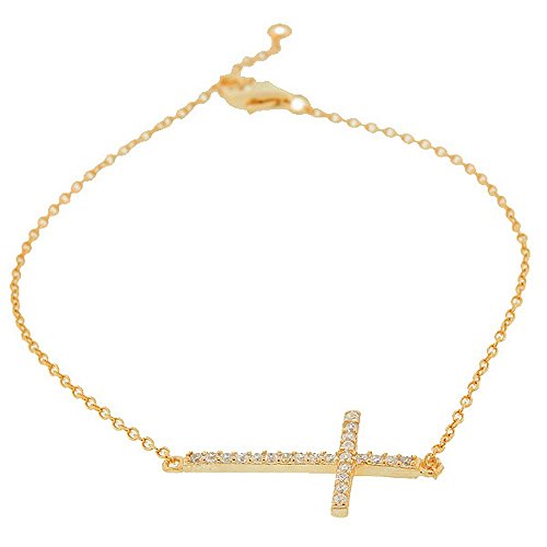 Sterling Silver Rose Gold-Tone White CZ Sideways Cross Link Chain Bracelet