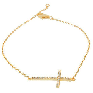 925 Sterling Silver White CZ Womens Horizontal Sideways Cross Link Chain Bracelet