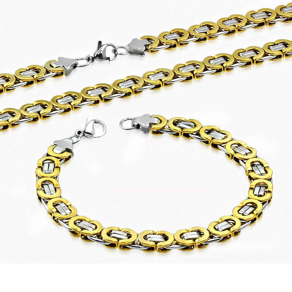 Mens Stainless Steel Two-Tone Necklace Bracelet Jewelry Set