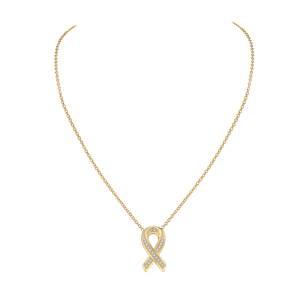 925 Sterling Silver Yellow Gold-Tone CZ Breast Cancer Awareness Ribbon Pendant Necklace