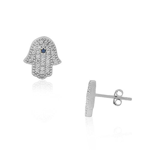 925 Sterling Silver White Clear Blue CZ Hamsa Hand Good Luck Stud Earrings