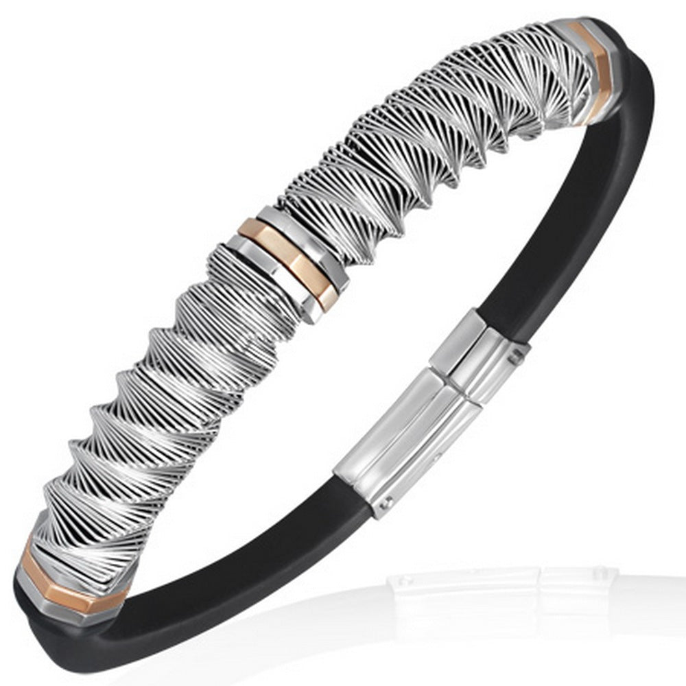 Stainless Steel Black Rubber Silver-Tone Rose Gold-Tone Mens Bracelet