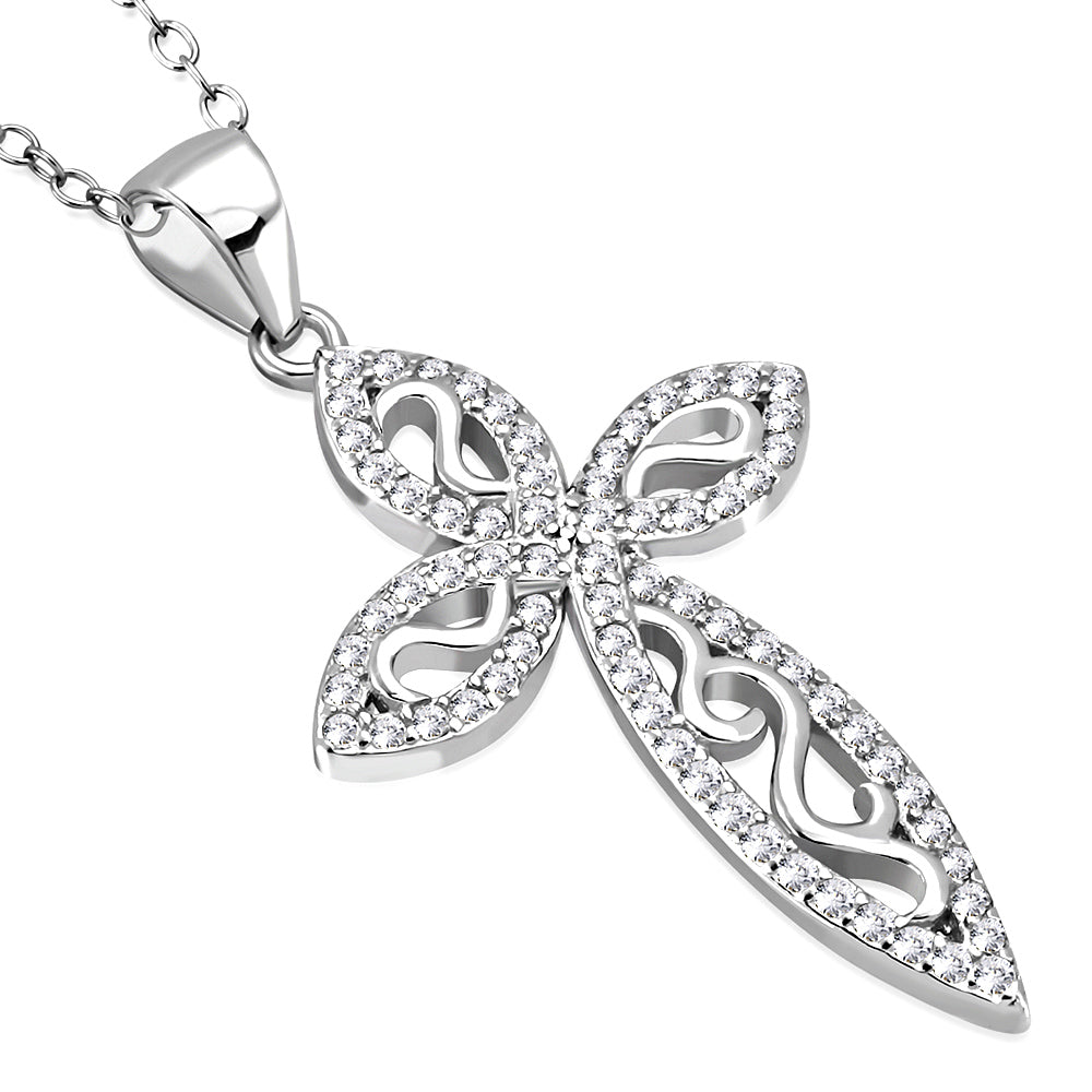 Pear Filigree Cross Necklace Pendant Sterling Silver Cubic Zirconia