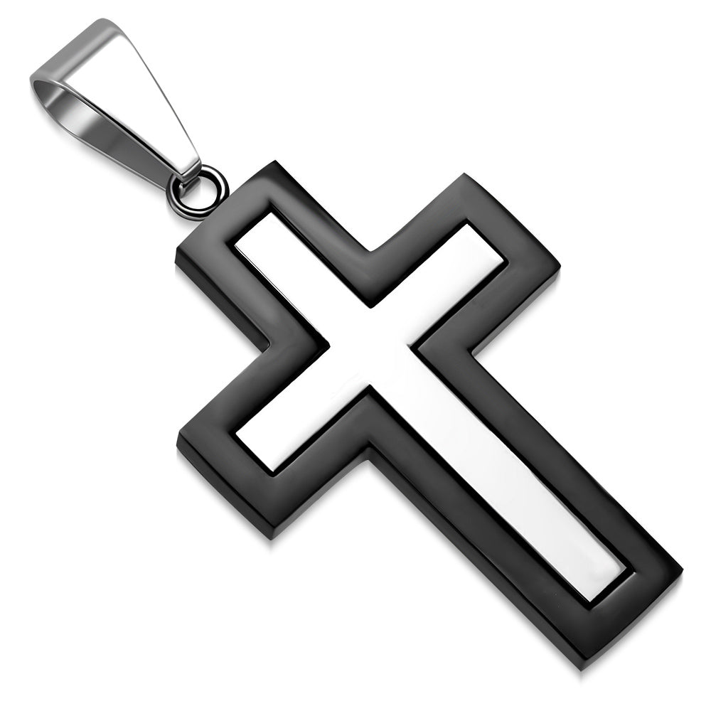 Stainless Steel Two-Tone Silver Black Religious Cross Men's Pendant Necklace