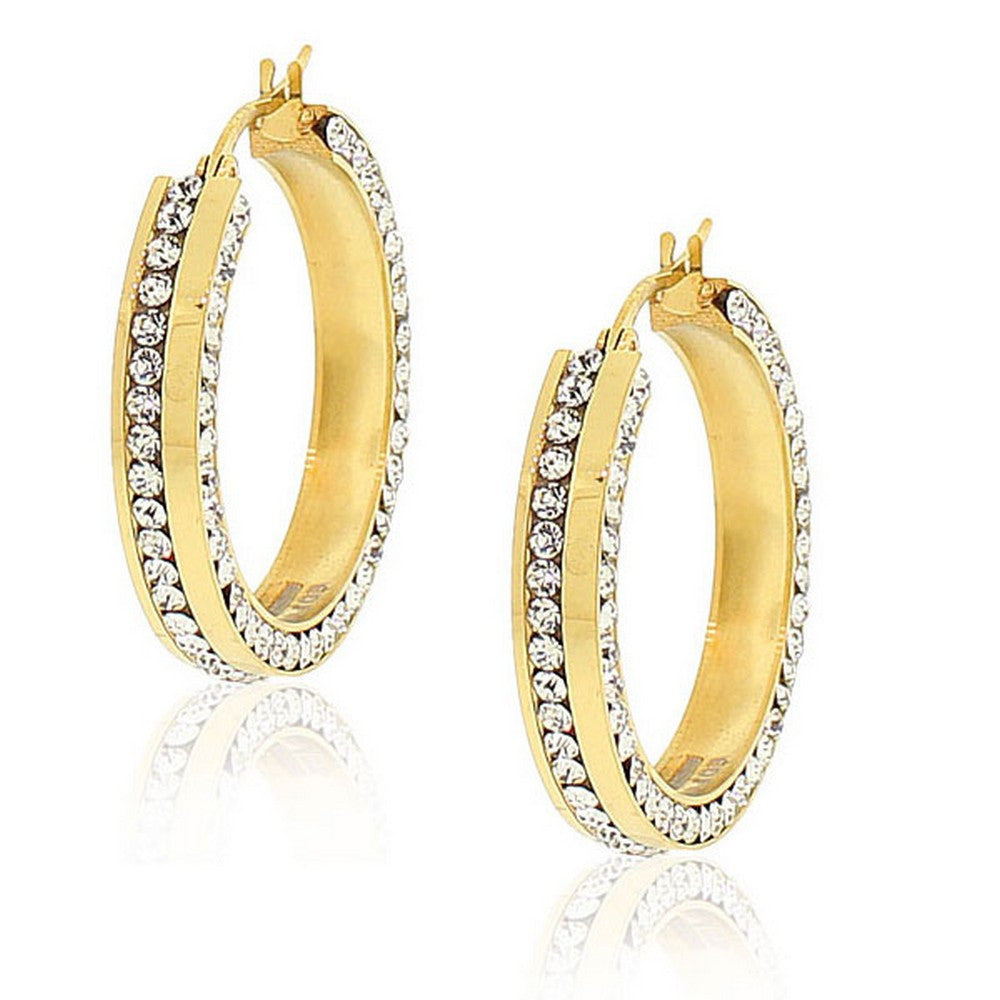 Stainless Steel Yellow Gold-Tone White CZ Classic Hoop Earrings
