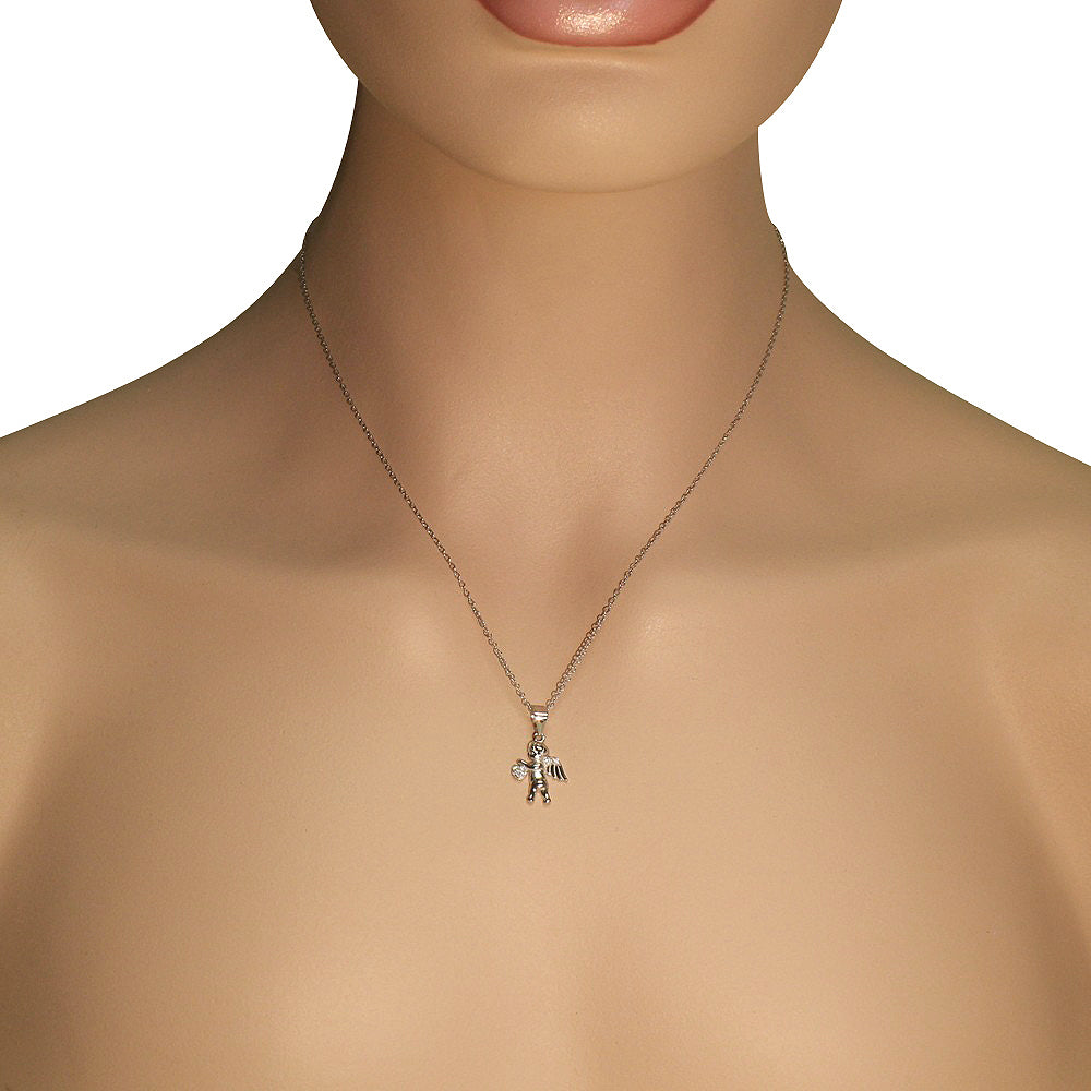925 Sterling Silver White Clear CZ Love Heart Cupid Angel Pendant Necklace