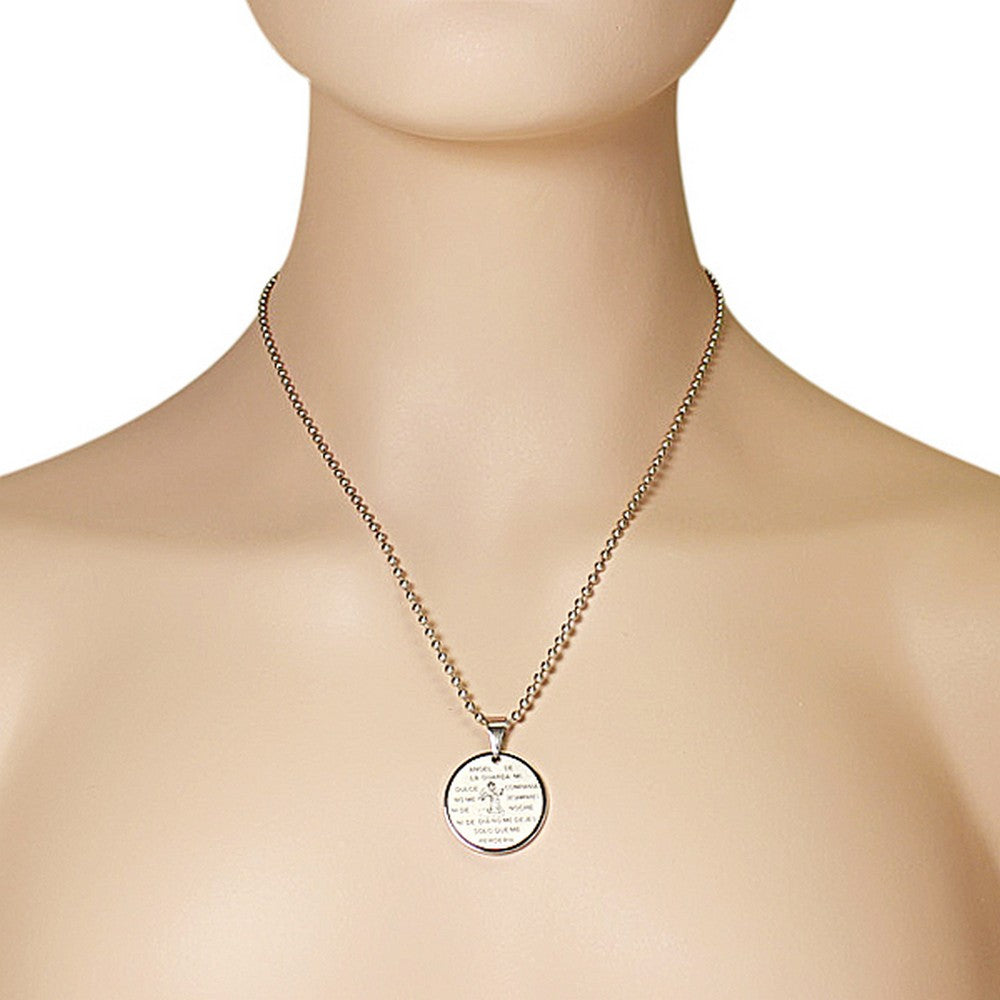 Stainless Steel Silver-Tone Guardian Andel De La Guarda Religious Pendant Necklace