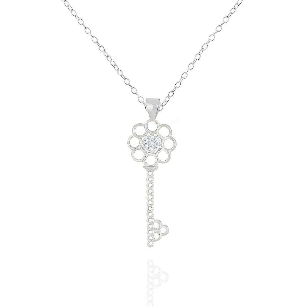 925 Sterling Silver White Clear CZ Key Pendant Necklace