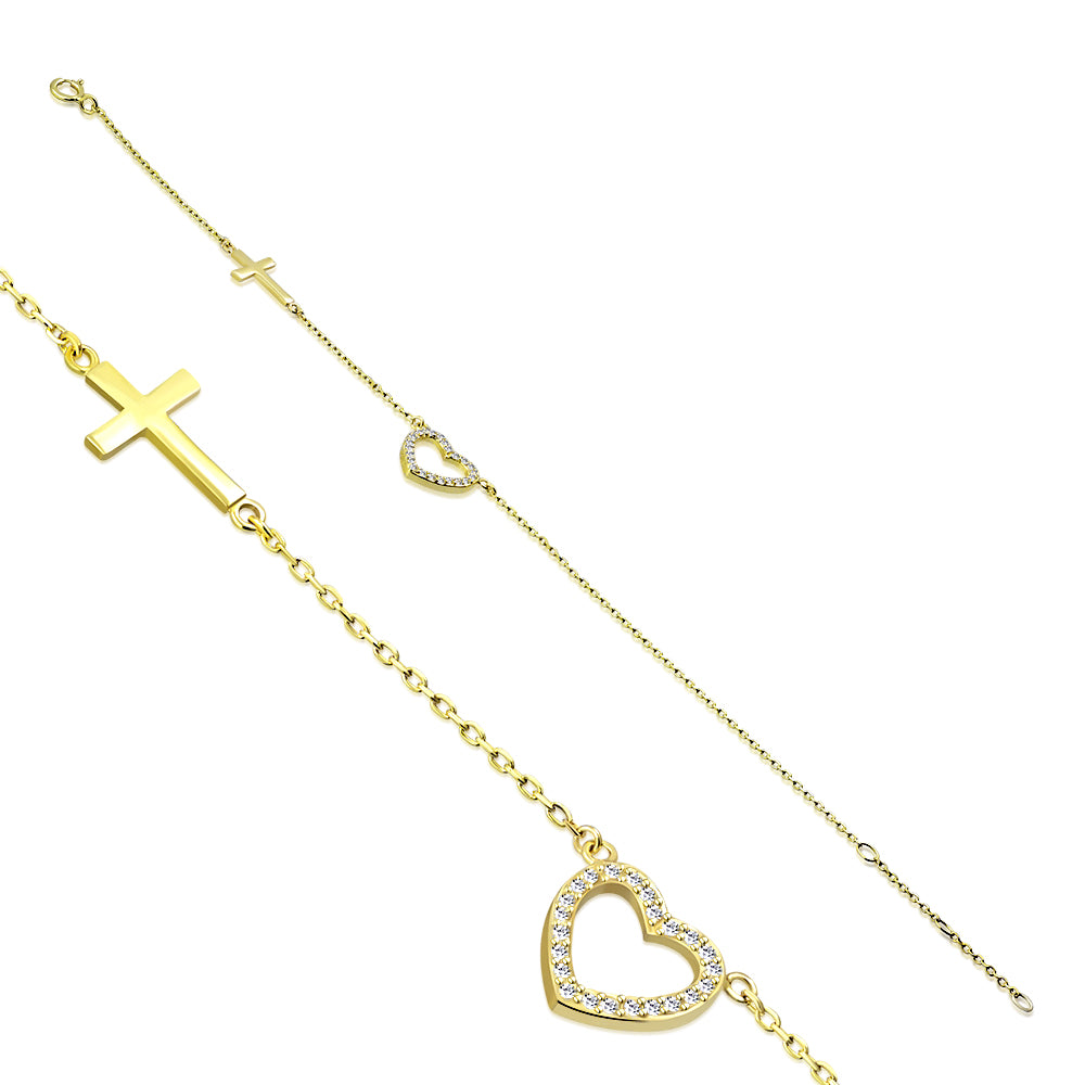 925 Sterling Silver Rose Gold-Tone Love Heart Cross Charm White CZ Link Chain Bracelet