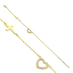 925 Sterling Silver Rose Gold-Tone Love Heart Cross Charm White CZ Link Chain Bracelet