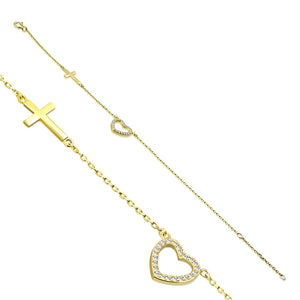 925 Sterling Silver Rose Gold-Tone Love Heart Cross Charm White CZ Link Chain Bracelet