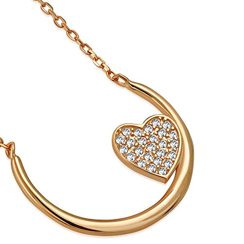 925 Sterling Silver Clear White CZ Half Circle Love Heart Pendant Necklace