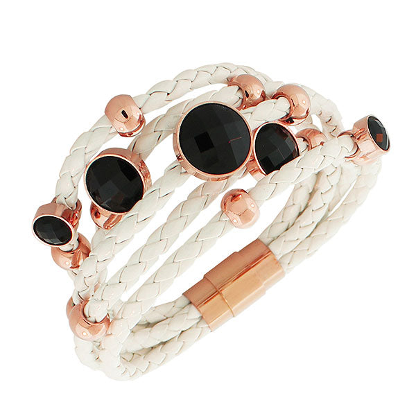 Fashion Alloy White Faux PU Leather Rose Gold-Tone Black Stones Multi-Row Layer Bracelet