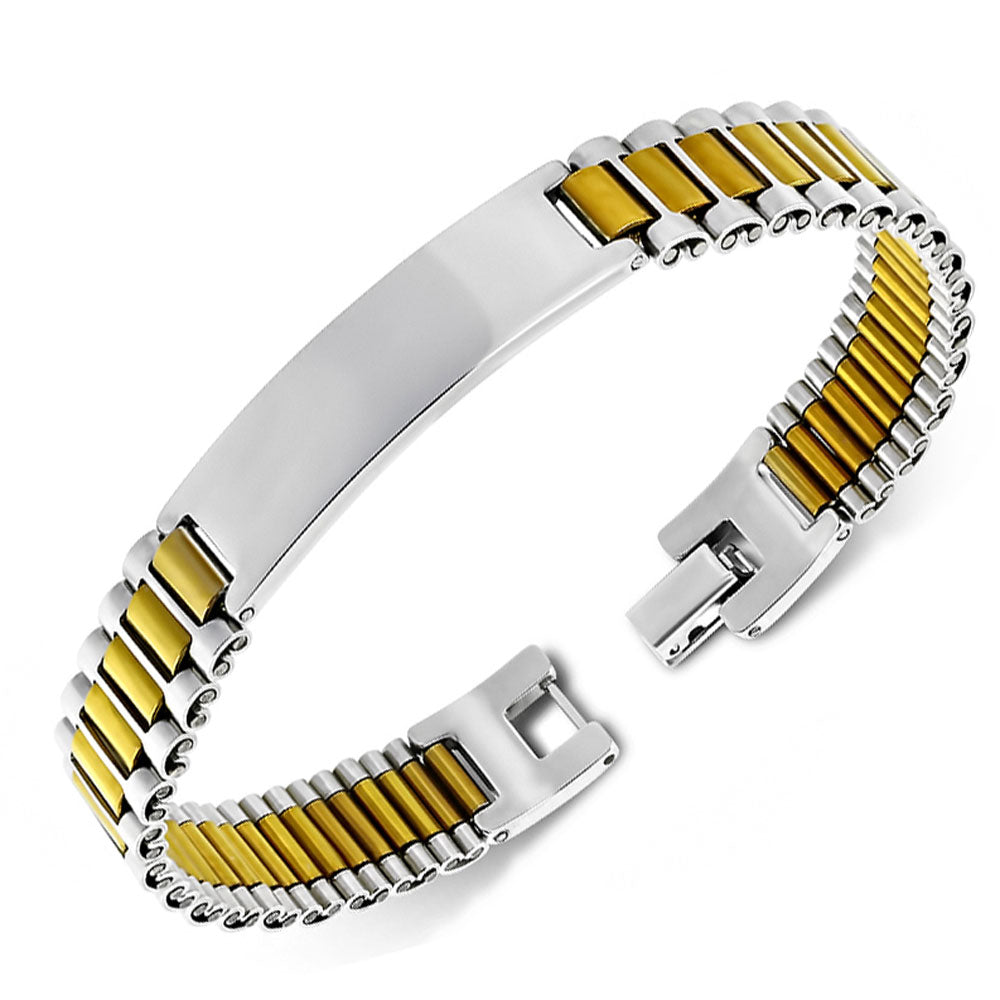 Stainless Steel Two-Tone Name Tag Mens Link Bracelet