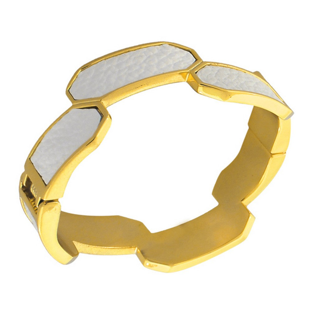Fashion Alloy Yellow Gold-Tone White Faux PU Leather Bangle Bracelet