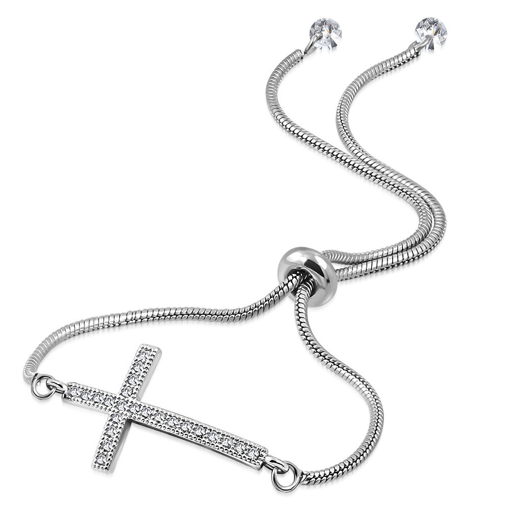 Stainless Steel Clear CZ Religious Cross Adjustable Snake Chain Bracelet, 9"