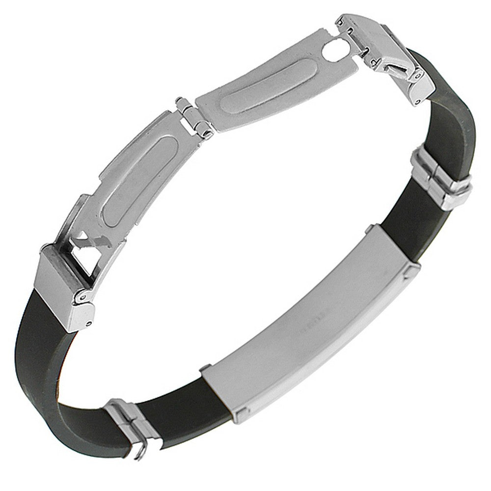 EDFORCE Stainless Steel Black Rubber Silicone Two-Tone Greek Key Men's Bracelet