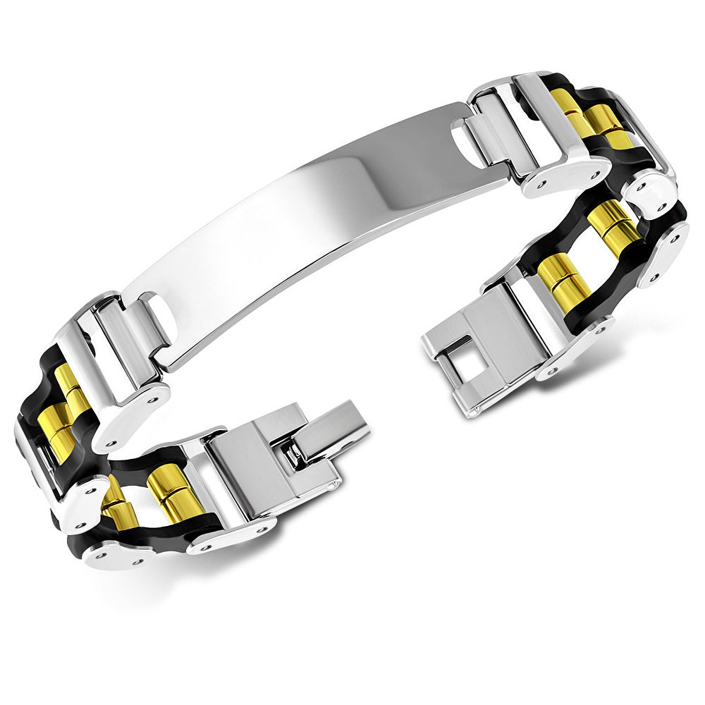 Stainless Steel Silver Black Yellow Gold  Men's Link Bracelet, 8"