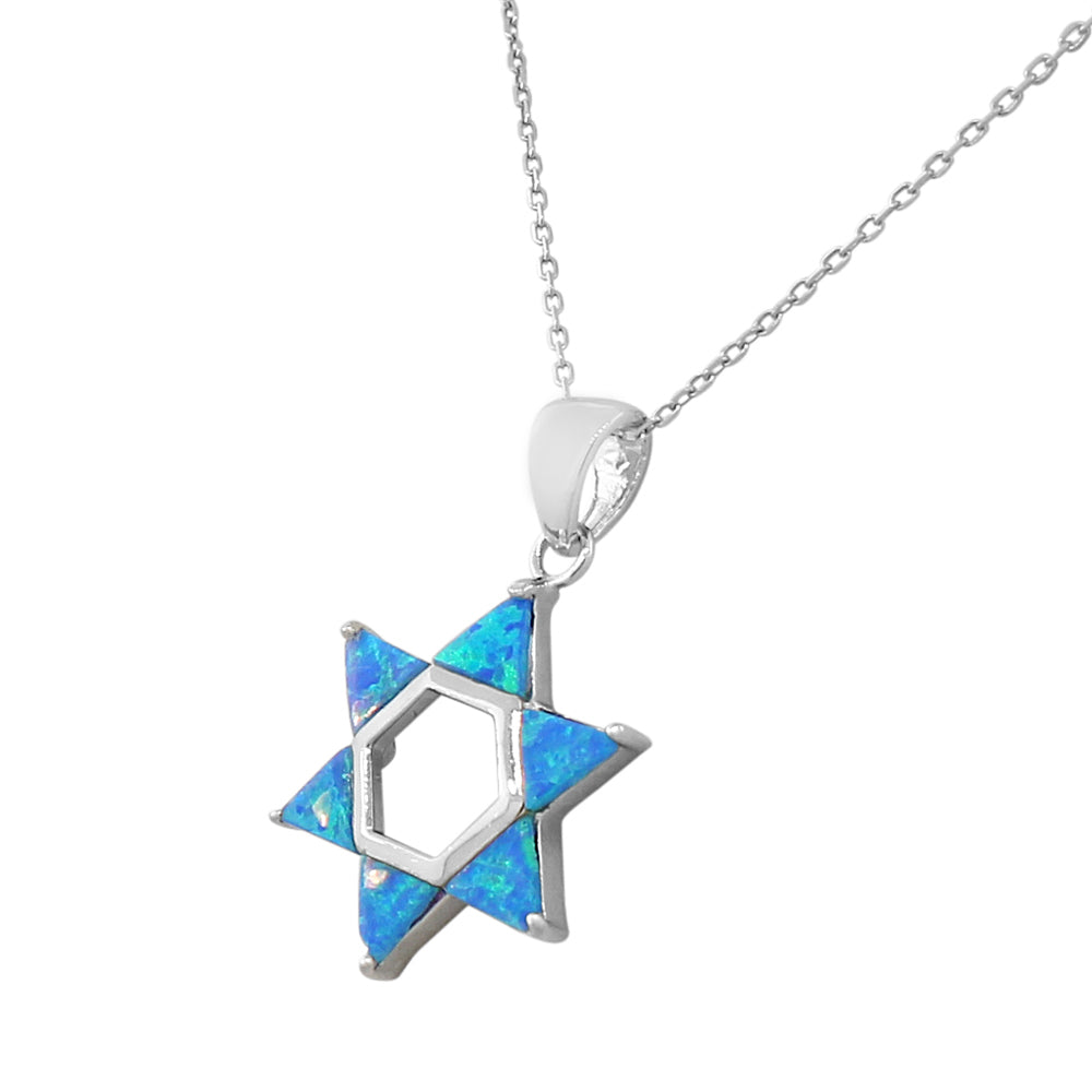 925 Sterling Silver Jewish Star of David Blue Turquoise-Tone Simulated Opal Pendant Necklace