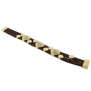Fashion Alloy Brown Faux PU Leather Yellow Gold-Tone White Wristband Bracelet