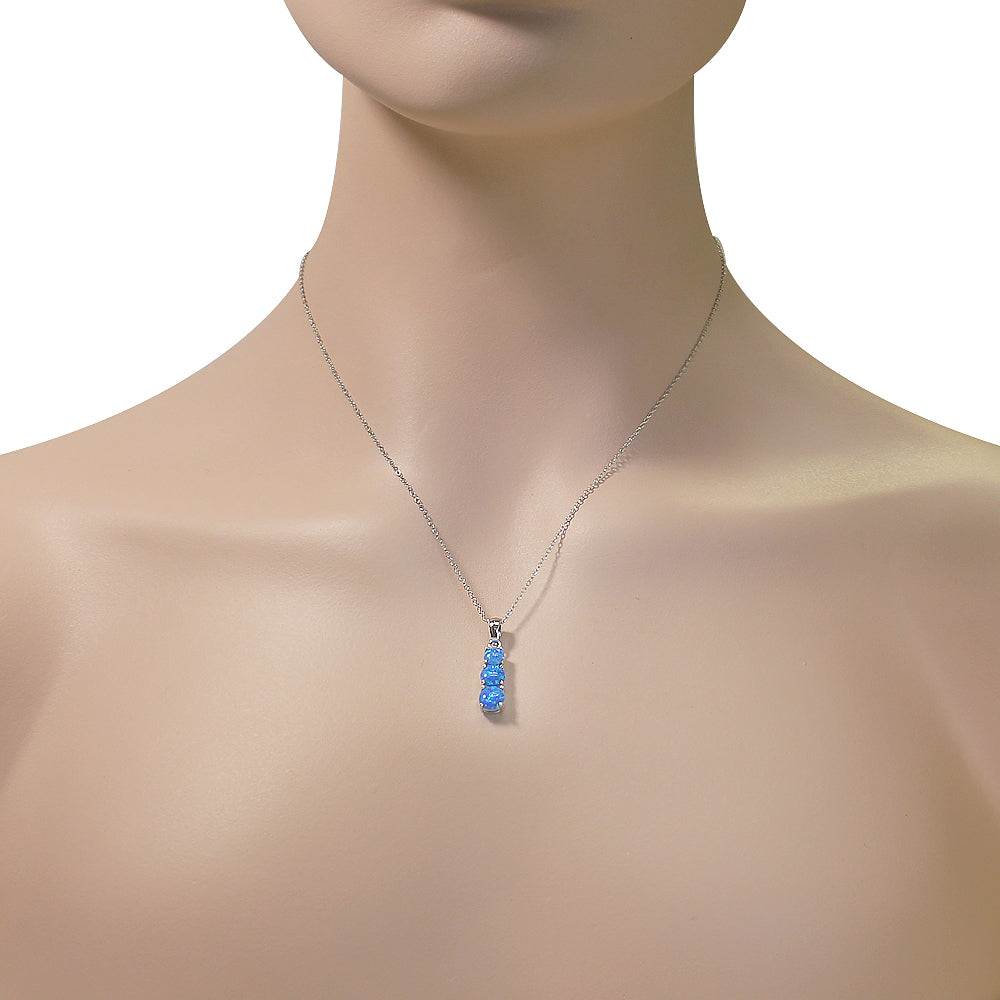 925 Sterling Silver Womens Three-Stone Teardrop Blue Turquoise-Tone Simulated Opal Pendant Necklace