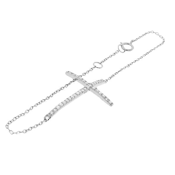 925 Sterling Silver Sideways Cross White CZ Pendant Necklace Link Chain Bracelet Set