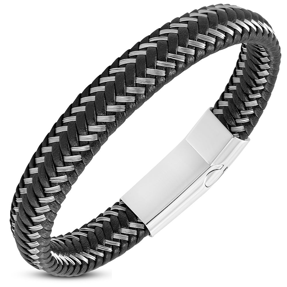 My Daily Styles Stainless Steel Black Leather Braided Wristband Bracelet, 8"