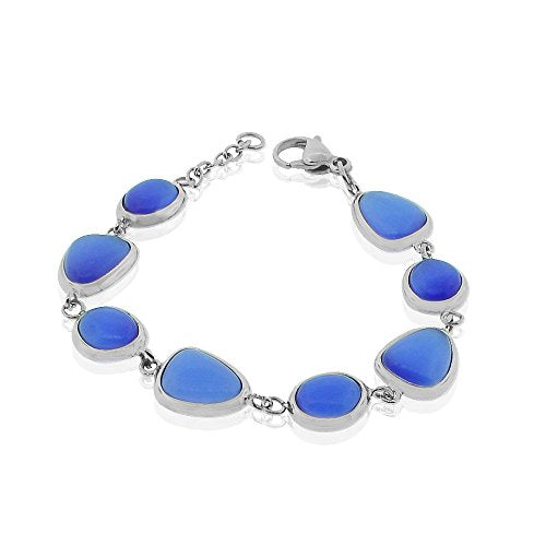 Stainless Steel Silver-Tone Blue Simulated Quartz Adjustable Bracelet