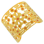 Stainless Steel Yellow Gold-Tone Cut-Out Floral Multicolor Design Wide Open End Cuff Bangle Bracelet