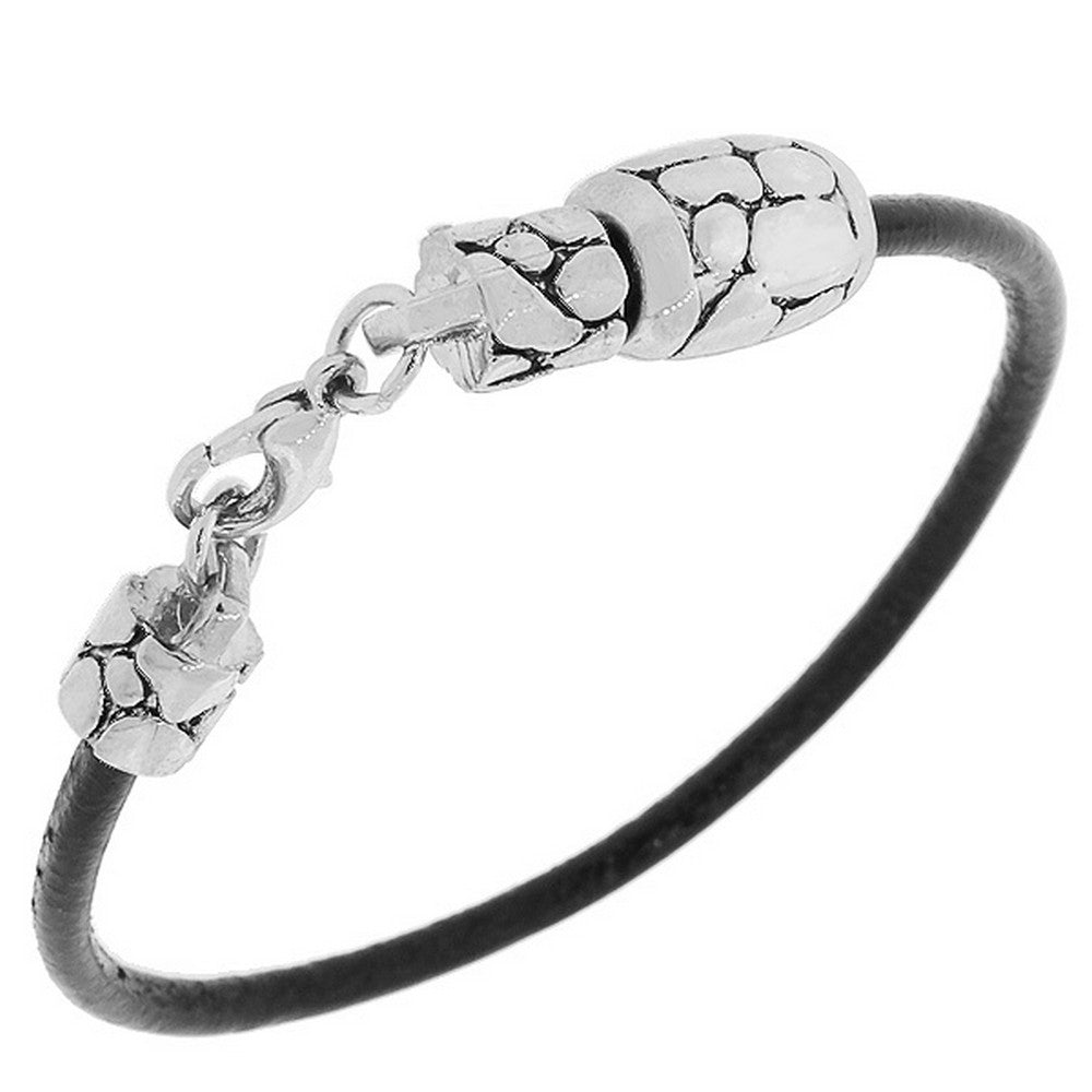 Fashion Alloy Black Faux PU Leather Silver-Tone Snake Skin Design Wristband Bracelet