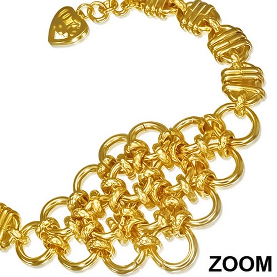 Stainless Steel Yellow Gold-Tone Interlocking Circles Love Heart Womens Wide Chain Bracelet