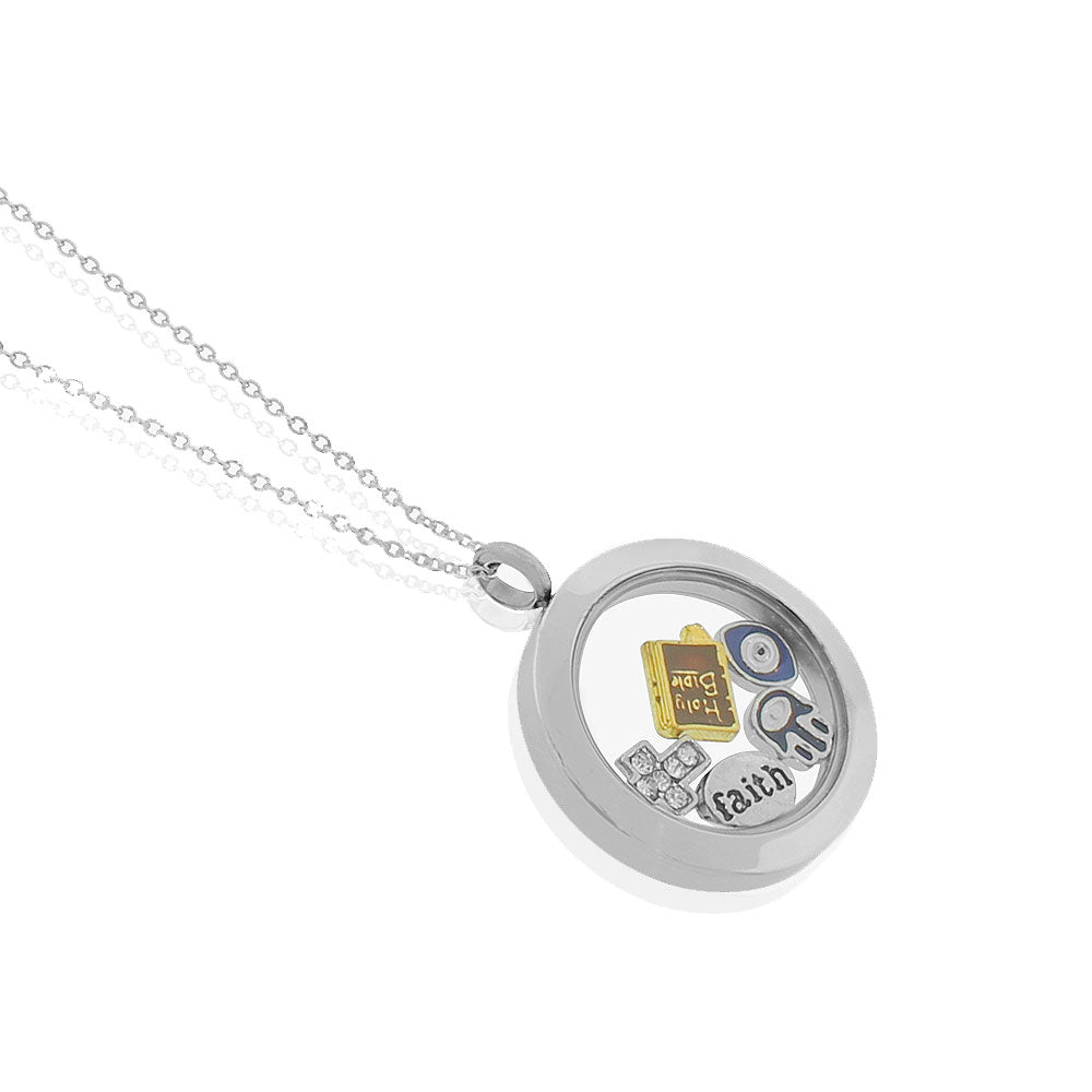 Stainless Steel Silver-Tone Faith Religious Locket Pendant Necklace - Charms Included