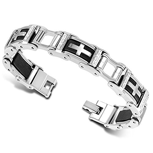 Stainless Steel Silver-Tone Black Gold-Tone Religious Cross Men's Link Bracelet, 7.75"