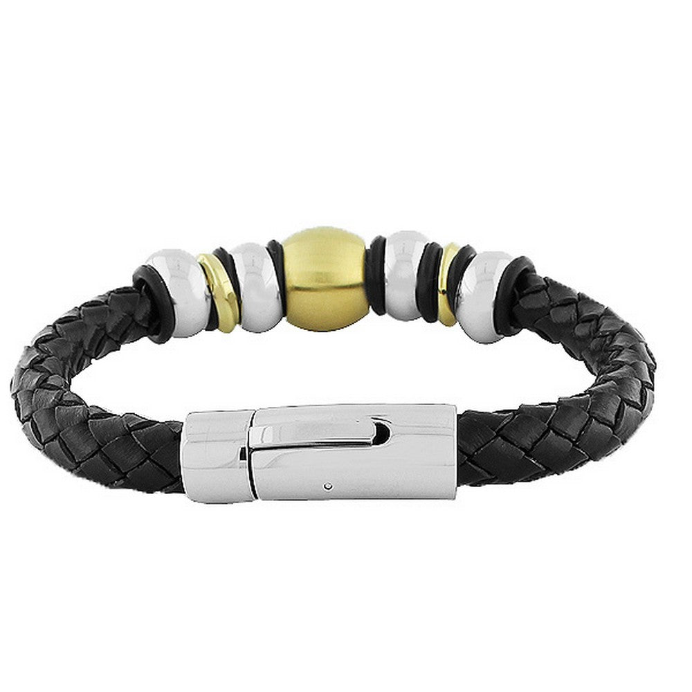 Stainless Steel Black Leather Two-Tone Men's Bracelet