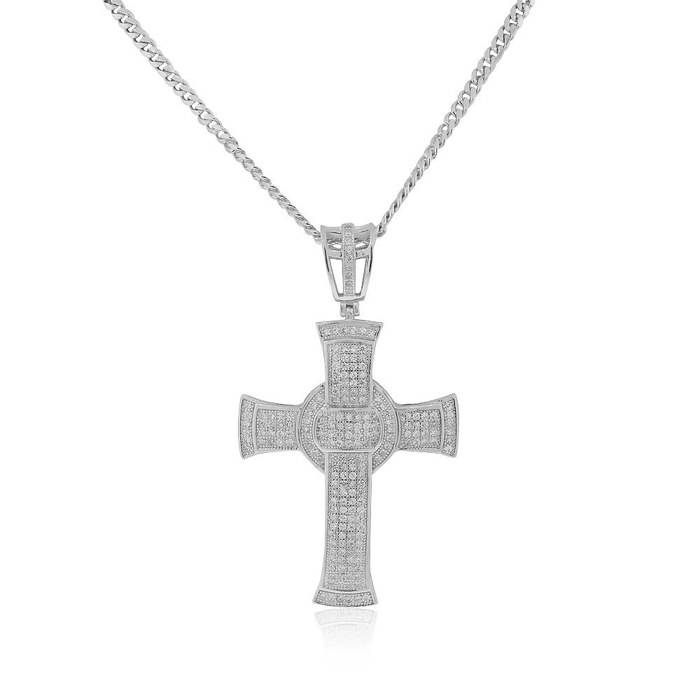 925 Sterling Silver Large Statement White Clear CZ Religious Cross Pendant Necklace
