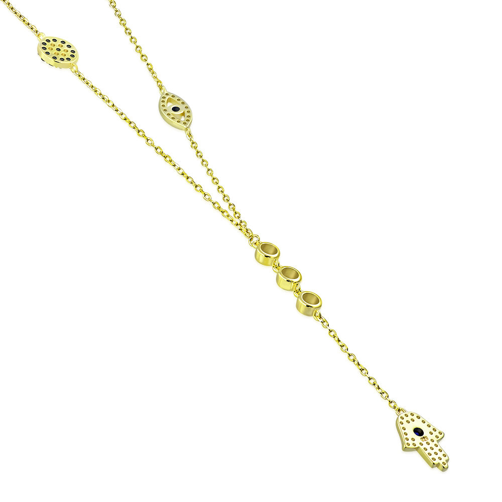 My Daily Styles 925 Sterling Silver CZ Y Necklace for Women with Hamsa, Evil Eye, and Bezel Set CZ Accents - Adjustable Chain 16"-18"