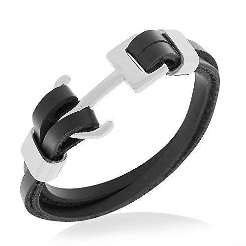 Stainless Steel Black Leather Silver-Tone Anchor Wristband Bracelet
