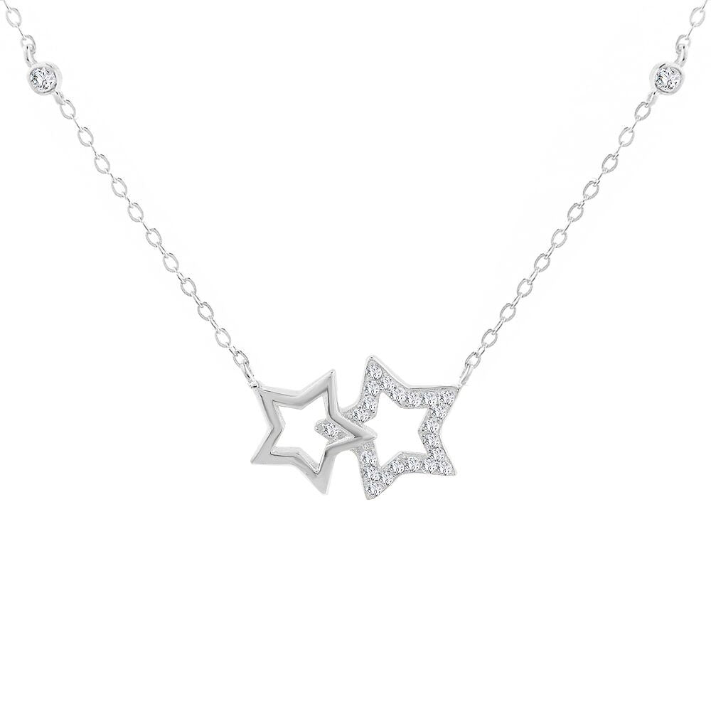 925 Sterling Silver White Clear CZ Bezel-set Two Double Star Stars Pendant Necklace